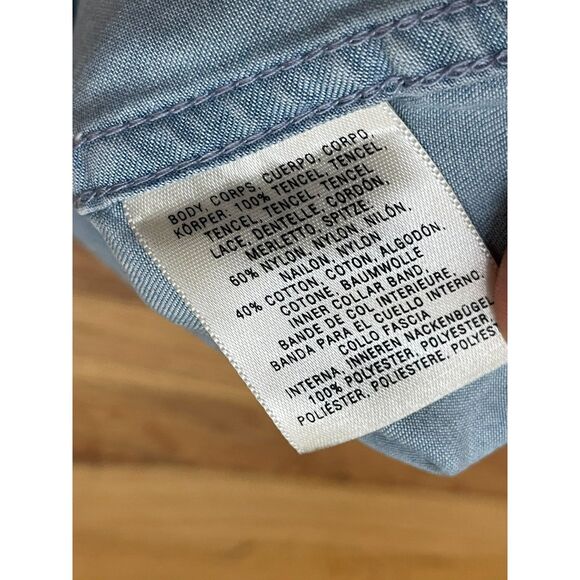 9-H15 STCL Anthropologie Women's 6 Blue Button-Up Chambray Shirt Postmark Boho - Picture 4 of 10